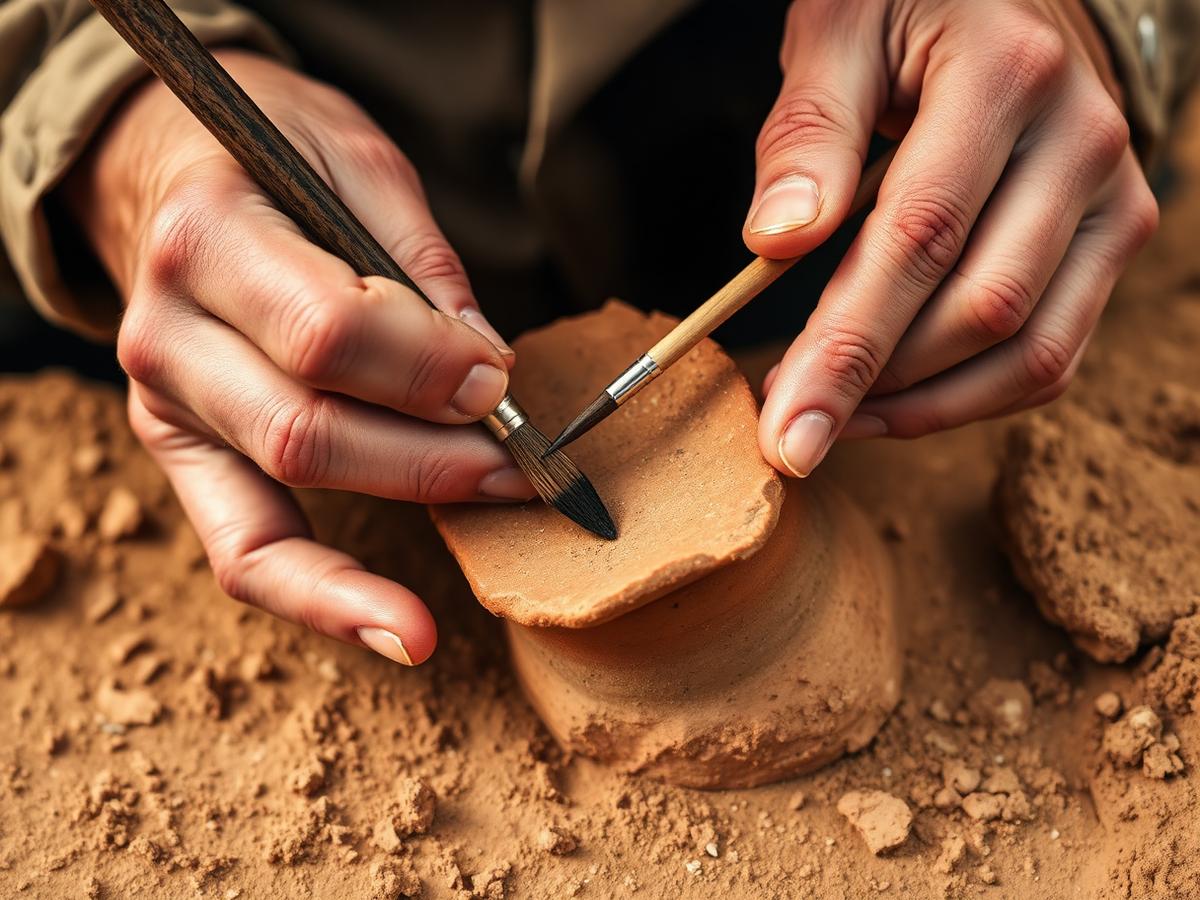 Archaeologist brushing an ancient artifact